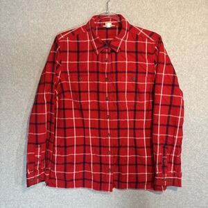 Duluth Trading Company Womens Sz L Classic Crimson Red‎ Plaid Flannel Shirt